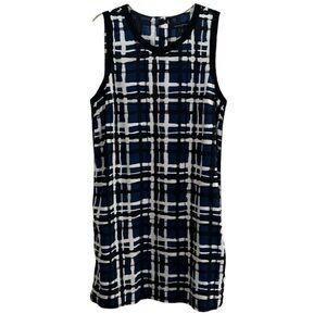 Banana Republic Plaid Geo Shift Dress blue/black/white Zipper detail Sz14 EUC